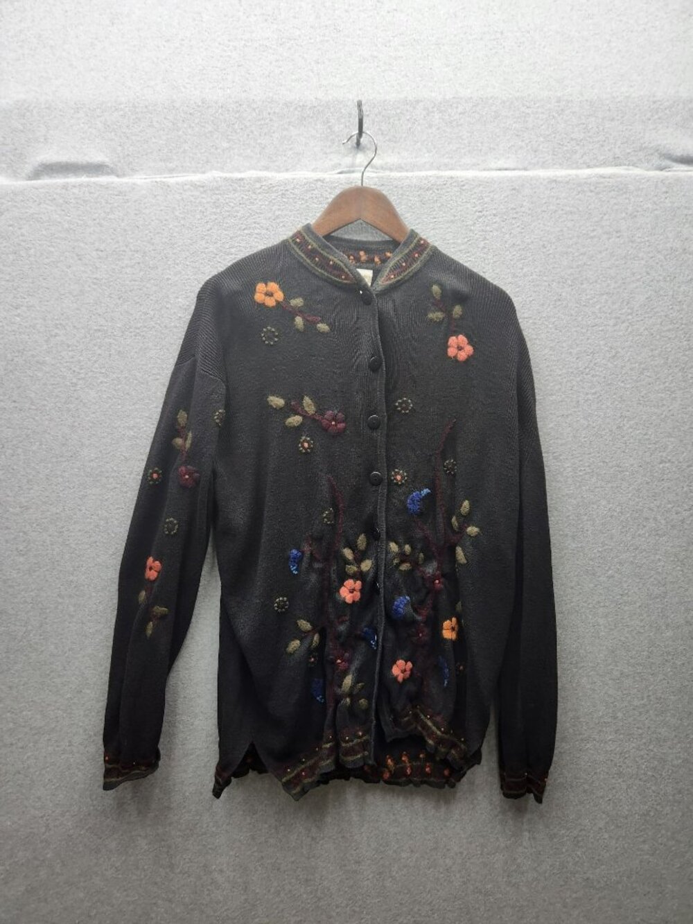 Coldwater Creek Floral Embroidered Button-Up Cardigan Sweater XL Ramie Cotton Bl